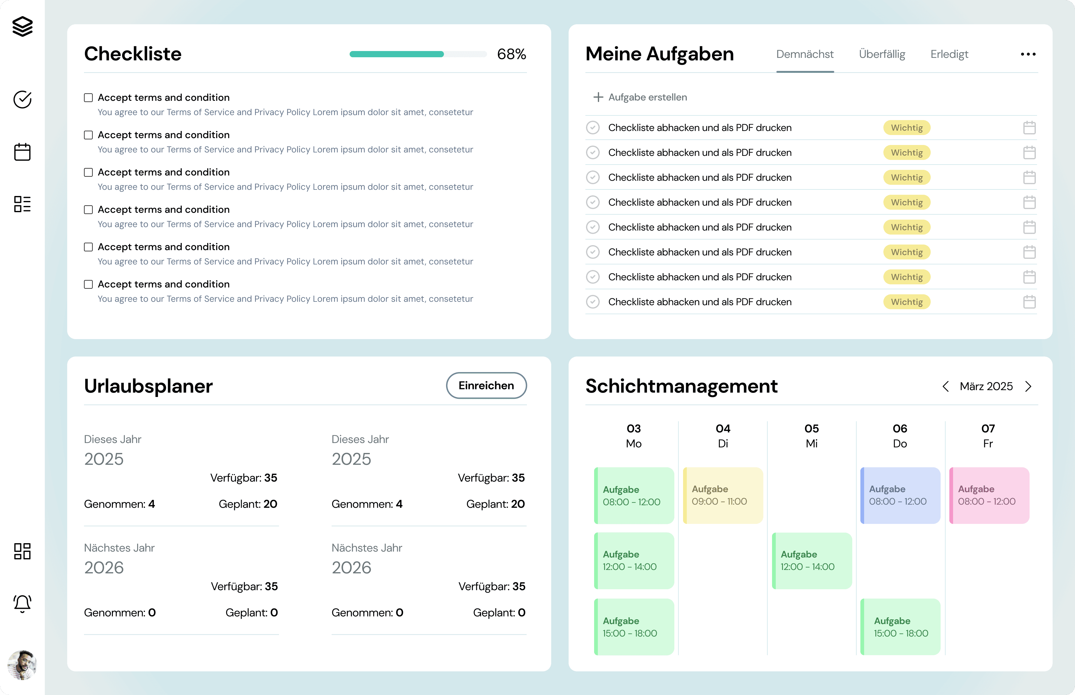 beedone Dashboard — Übersicht mit Schichtplan, offenen Schichten und Urlaubsanträgen