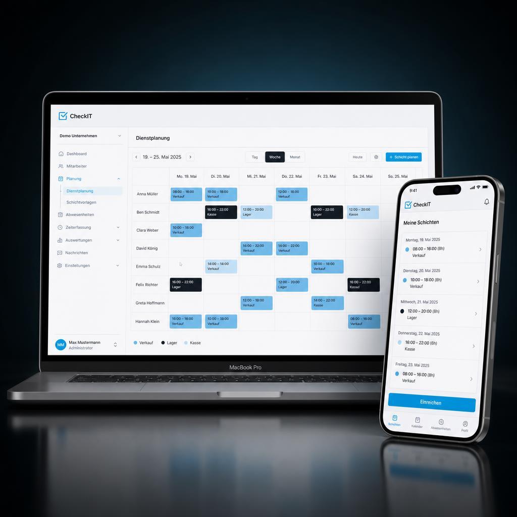 beedone Dienstplanung auf MacBook und beedone-App auf iPhone